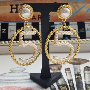 Elegant Gold and Pearl #5 Hoop Earrings